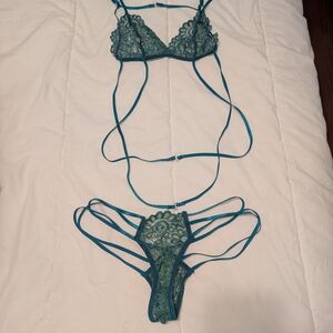 Blue Lace Bra with Sheer Strappy Design